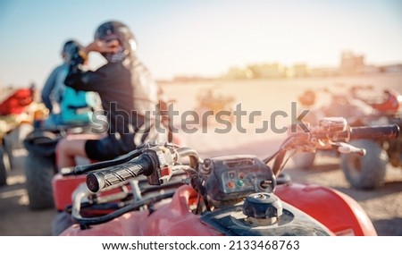 Banner Quad bike ATV safari in desert Sharm Hurghada, Egypt sunlight.