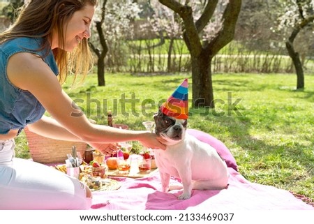 Horizontal image of dog birthday party outdoors in the park. Full length view of woman with french bulldog wearing a birthday hat on a spring picnic. People and animals lifestyle outdoors.