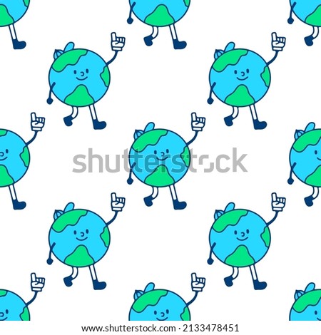Cool earth planet with number one gesture, seamless pattern background illustration for t-shirt, sticker, or apparel merchandise. With doodle, retro, and cartoon style.