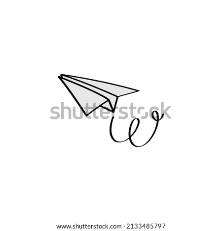Paper airplane vector drawing and road line on white background.