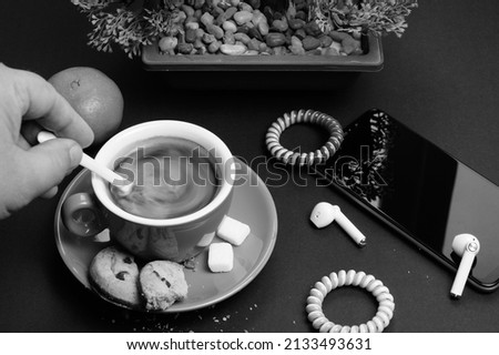 Coffee break during working day, creative people, advertising business concept. High quality photo