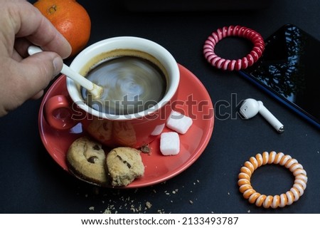 Coffee break during working day, creative people, advertising business concept. High quality photo
