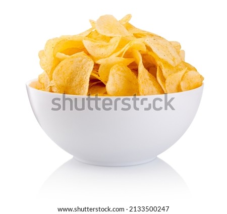Potato chips in bowl isolated on a white background Royalty-Free Stock Photo #2133500247
