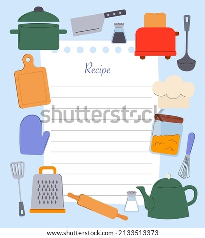 Recipe template with kitchenware elements. Vector Flat Illustration.