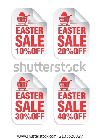 Easter Sale white sticker set with red text. Sale 10%, 20%, 30%, 40% off. Vector illustration