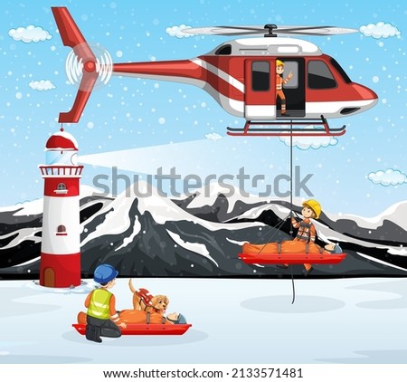 Snow mountain scene with firerman rescue in cartoon style illustration