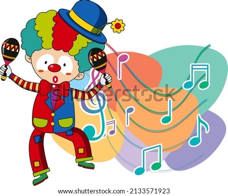 Clown shaking maracas with music notes on white background illustration