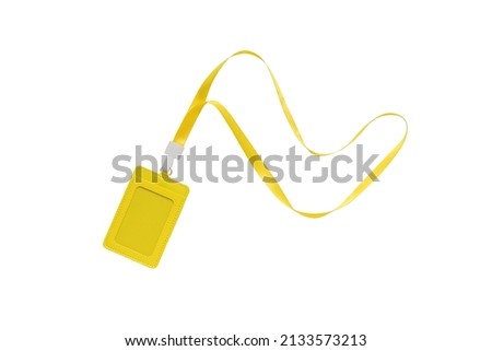 Yellow badge on a yellow ribbon isolated on a white background. Name badge. A device for cards and business cards.
