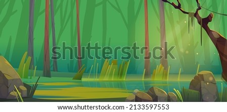 Cartoon forest pond or swamp background. Summer nature landscape with tree trunks, lianas, green grass and rocks round quagmire water. Beautiful scenery view, deep wood with plants Vector illustration Royalty-Free Stock Photo #2133597553