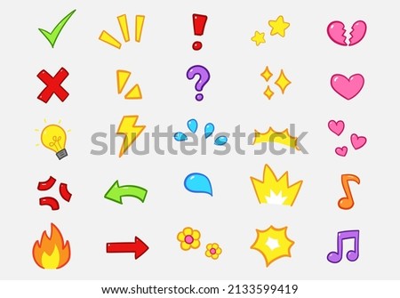 Vector set of hand-drawn cartoony expression sign doodle, directional arrows, emoticon effects design elements, cartoon character emotion symbols, cute decorative drawing. Royalty-Free Stock Photo #2133599419