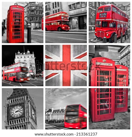 London photos collage, selective color