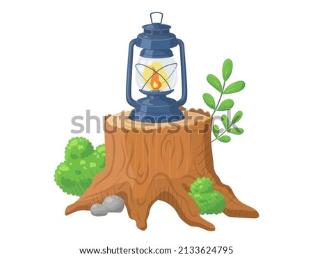 Lantern on stump, clip art of camping, Vector illustration on white background