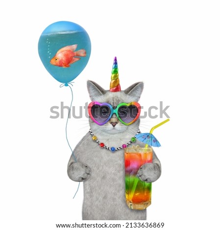An ashen caticorn in sunglasses holds a balloon with water. Inside it is aquarium a fish. White background. Isolated.