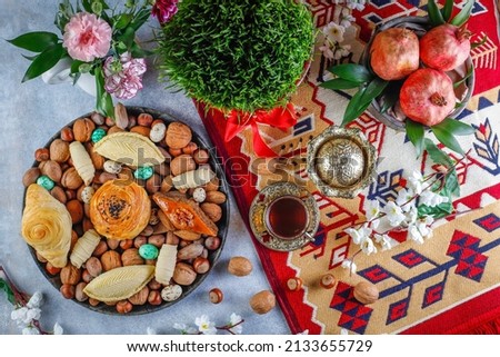 Traditional Azerbaijan spring holiday Novruz tray with semeni - 