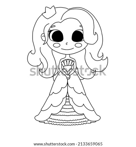 A series of children's vector coloring pages with cute princesses, a princess in a puffy dress 