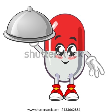 vector illustration of cute capsule mascot serving meal on white background