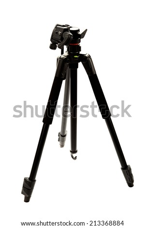 Modern photo and video tripod isolated on white background.