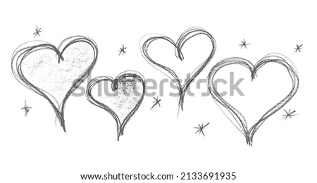 Hearts hatching set and collection, sketching isolated on white, top view