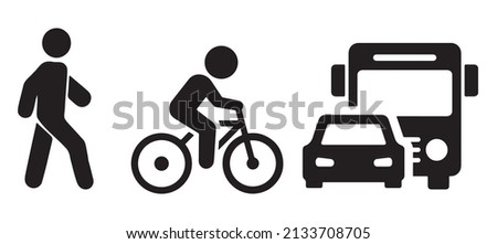 Types of movement and transport icon set. On foot by bike and by car or by public transport.