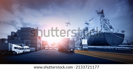 Container truck in ship port for business Logistics and transportation of Container Cargo ship and Cargo plane with working crane bridge in shipyard, logistic import export and transport concept Royalty-Free Stock Photo #2133721177