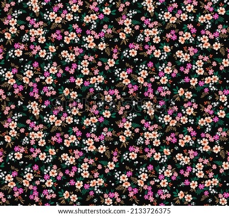 Vintage floral background. Floral pattern with small colorful flowers on a black background. Seamless pattern for design and fashion prints. Ditsy style. Stock vector illustration. Royalty-Free Stock Photo #2133726375