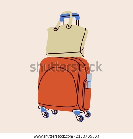 Big luggage bag with shopper bag on it. Suitcase, baggage, travel bag. Vacation, travel, holiday concept. Hand drawn Vector trendy illustration. Cartoon style. Flat design