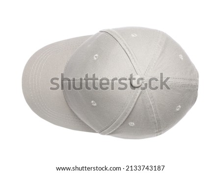 Stylish light grey baseball cap isolated on white, top view