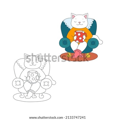 Coloring page with cute cat. Autumn illustration of a cat sitting in the armchair with cup of hot drink. Vector 10 EPS