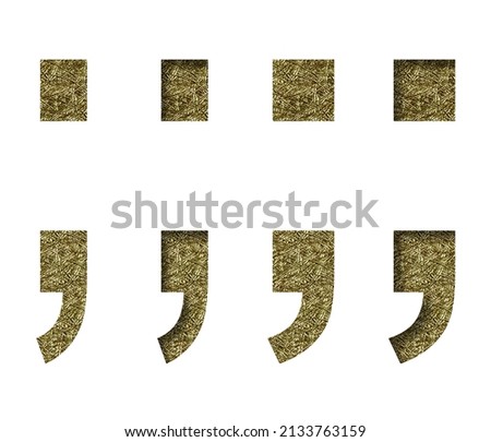 Golden punctuation marks dot and comma cut out of white paper on the backdrop of a pattern of gold threads, decorative font.
