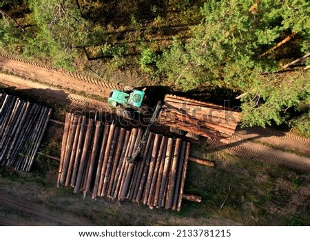 Crane forwarder machine during clearing of forested land. Wheeled harvester transports raw timber from felling site out. Harvesters, Forest Logging machines. Forestry forwarder on deforestation. Royalty-Free Stock Photo #2133781215