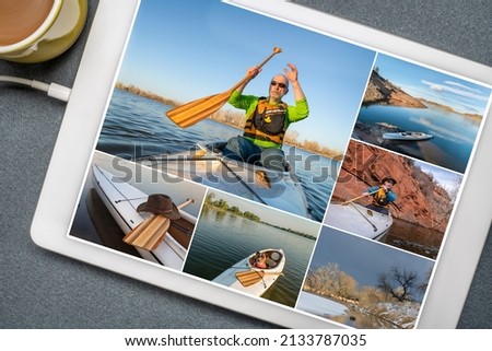 paddling expedition canoe on lakes in Colorado, editing a set of pictures featuring the same senior male paddler on a tablet, all screen images copyright by the photographer