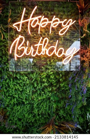 
neon happy birthday sign in nature