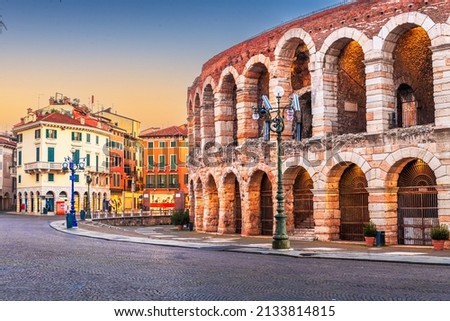Verona, Italy with the Verona Arena, an ancient roman ampitheater.  Royalty-Free Stock Photo #2133814815