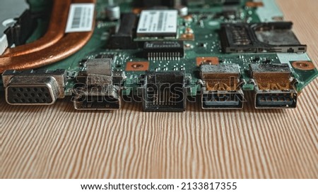 motherboard, laptop repair and maintenance, usb connectors, internet connector, hdmi, dvi, close-up