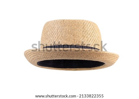 Boater straw hat flying isolated on white background , Clipping path . Royalty-Free Stock Photo #2133822355