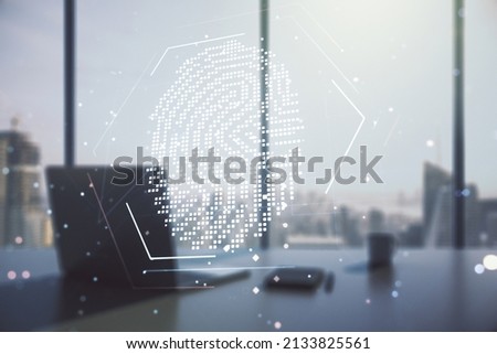 Double exposure of abstract creative fingerprint hologram and modern desk with computer on background, protection of personal information concept