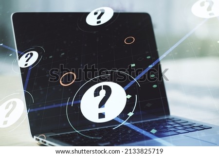 Creative concept of question mark illustration on modern laptop background. FAQ and search concept. Multiexposure