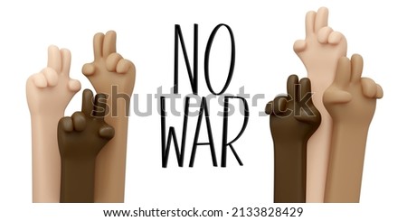 3D Rendering of hands in many color skin gesturing peace sign with text NO WAR isolated on white background banner concept of no war stop fighting save the world. 3D Render illustration cartoon style.