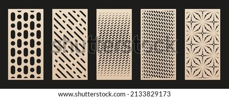 Collection of laser cut panels. Abstract geometric patterns with circles, lines, halftone effect, gradient, grid. Decorative stencil for laser cutting of wood, metal, paper, acrylic. Aspect ratio 1:2 Royalty-Free Stock Photo #2133829173