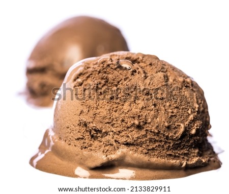 Food and Drink - icecream: 2 chocolate ice cream scoops isolated on white background placed one ball in front of the other