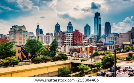 View of the Philadelphia skyline from the Reading Viaduct, Philadelphia, Pennsylvania.