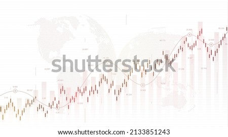Abstract financial chart with uptrend line graph and world map on black and white color background. Business Candle stick graph chart of stock market investment trading. Vector illustration.