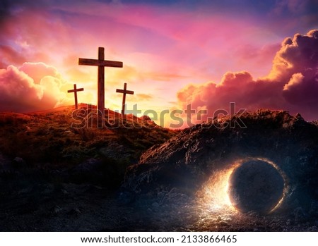 Resurrection - Crosses And Tomb Empty With Crucifixion At Sunrise And Abstract Defocused Lights - No Illustration No rendering 3d Royalty-Free Stock Photo #2133866465