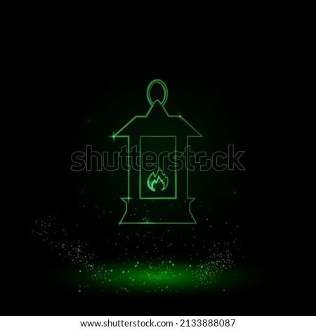 A large green outline Christmas lantern on the center. Green Neon style. Neon color with shiny stars. Vector illustration on black background