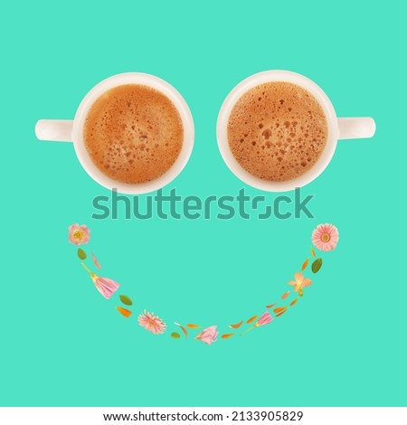 Two cups of coffee and vivid flowers make smile. Good morning mood concept. Pastel colors for lovely day idea Royalty-Free Stock Photo #2133905829