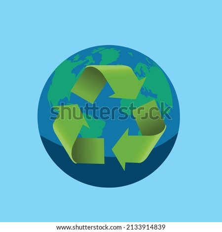 the earth with a green recycling symbol on a light blue background