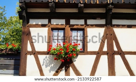 Beautiful half-timbered white house with sunlit red geraniums on the windowsill (Blaubeuren, Blautopf, Germany)	
                                Royalty-Free Stock Photo #2133922587