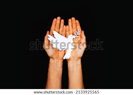 Male hands with paper dove on black background. Pace in Ukraine, symbol for end of the Conflict in Europe between Russia and Ukraine