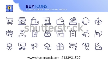 Outline icons about buy. Contains such icons as shopping cart, store, delivery, discount, shop online and payment methods. Editable stroke Vector 256x256 pixel perfect Royalty-Free Stock Photo #2133931527