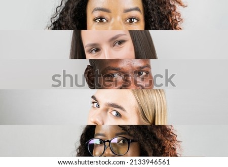 Collage of close-up male and female eyes on colored backgorund. Multicolored stripes. Concept of equality, unification of all nations, ages and interests Royalty-Free Stock Photo #2133946561
